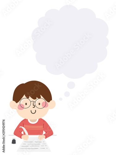 Kid Boy Write Quill Thinking Cloud Illustration