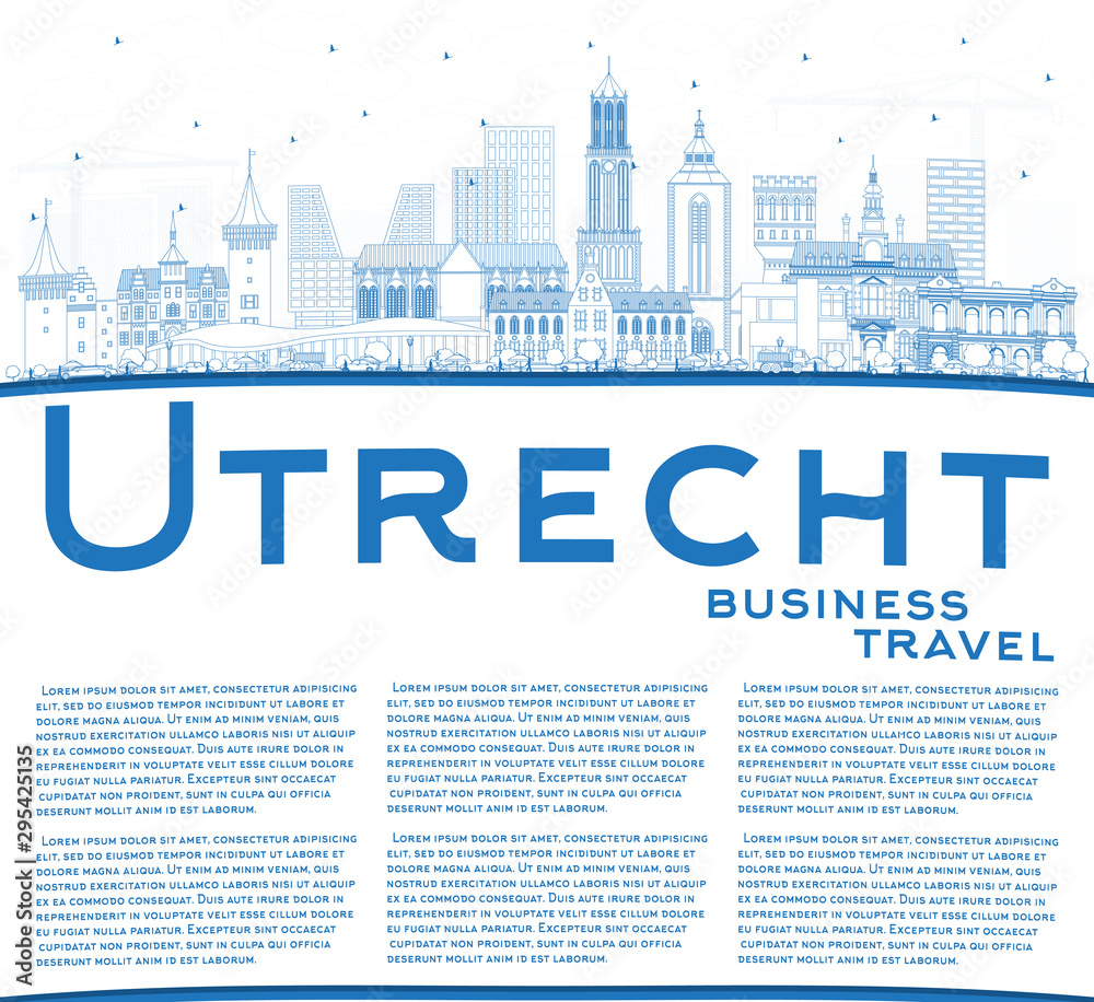 Outline Utrecht Netherlands City Skyline with Blue Buildings and Copy Space.