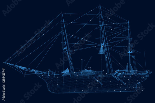 The contour of a sailing ship of blue lines on a dark background. Sailing ship with luminous lights. Side view. Vector illustration.