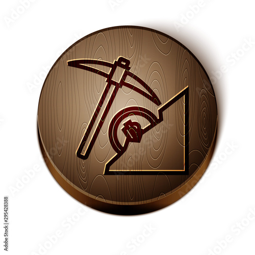 Brown line Cryptocurrency cloud mining icon isolated on white background. Cloud with pickaxe, bitcoin, digital money market, cryptocoin wallet. Wooden circle button. Vector Illustration
