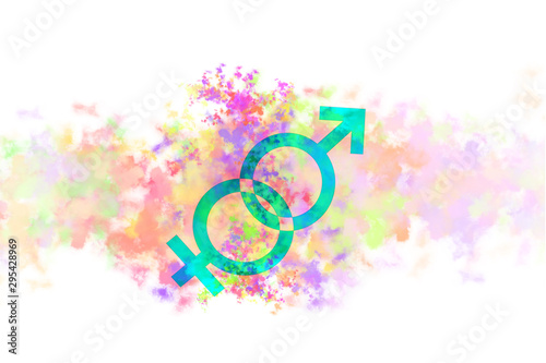 Male female symbols with abstract textured cloud