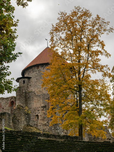 old castle ruin tower and colorful trees in autumn