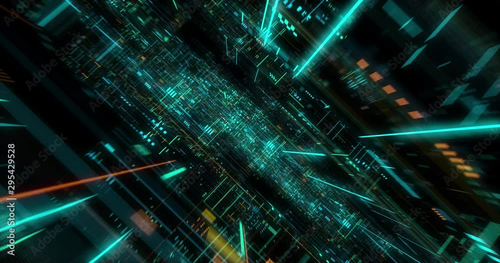Seamless loop global connection business cloud computing service, ig data visualization. Blockchain. 4K Futuristic technological abstract motion background, floating circuits. 3D render