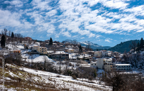 Snowy landscapes. view of Village in Lake Plastira on winter. Greece. 