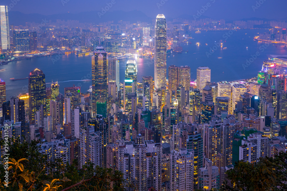 Hong Kong city skyline with landmark buildings at night in Hong Kong