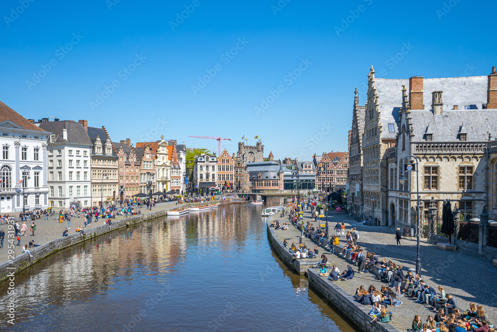 Ghent old town skyline with canal and in Belgium