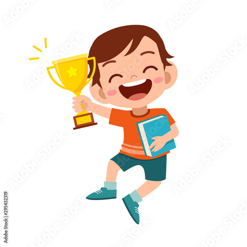 happy cute kid boy win game gold trophy