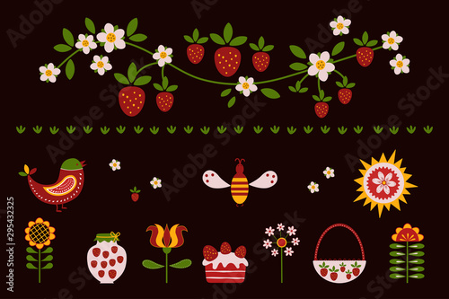 Folk art. Picking strawberry. Clip art of summer items on dark background