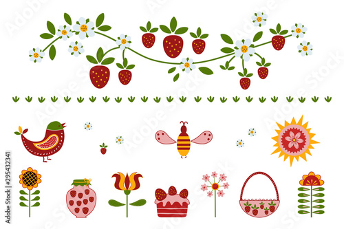 Folk art. Picking strawberry. Clip art of summer items on white background