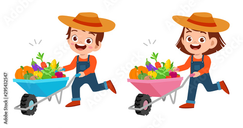 cute happy kids harvest fruit and vegetable