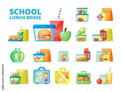 School lunch boxes flat vector illustrations set