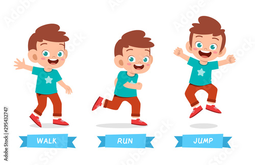 happy kid boy do wak run jump
