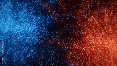 3D Rendering of Abstract Fire and Ice element dot particles against (vs) each other background. Heat and Cold concept