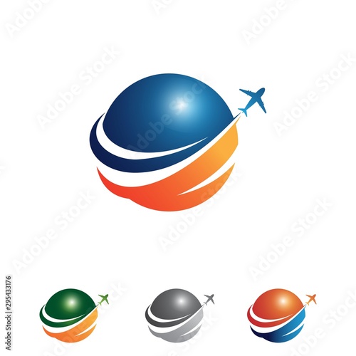 Vector colorful travel agency icon design idea with illustration globe and airplane