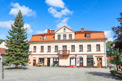 SUCHA BESKIDZKA,POLAND - SEPTEMBER 14, 2019: Old tenement by the market square