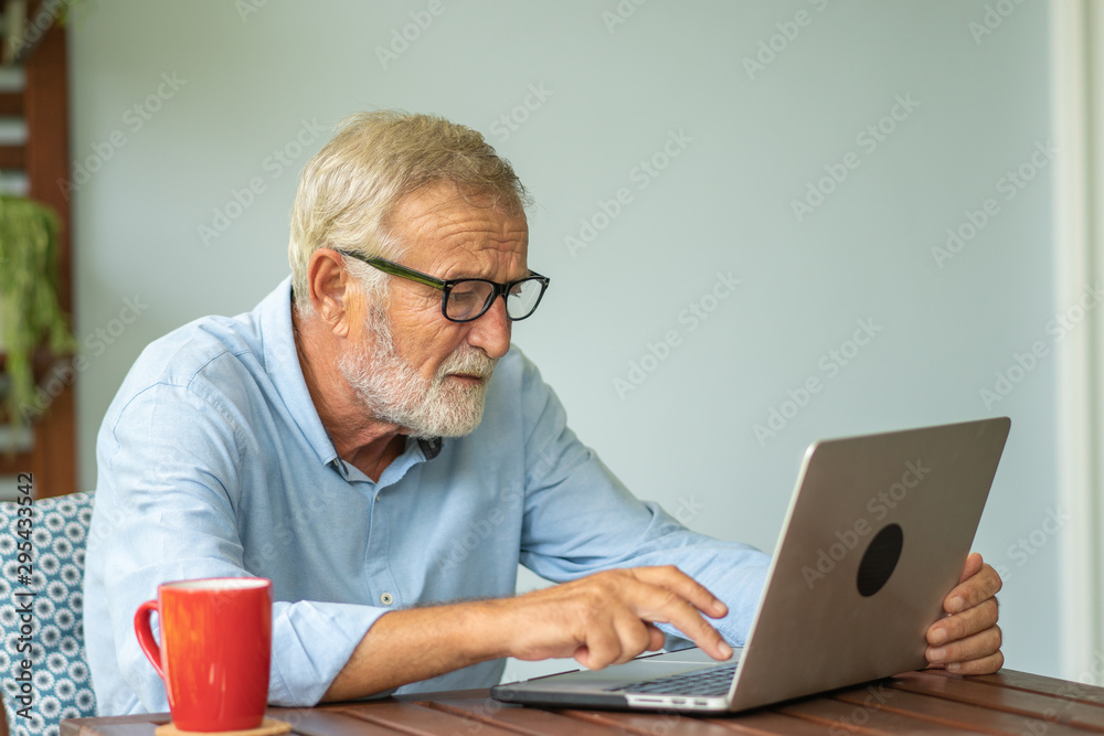 Portrait senior man using laptop for working at home, Freelance concept - Image