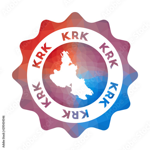 Krk low poly logo. Colorful gradient travel logo of the island in geometric style. Multicolored polygonal Krk rounded sign with map for your infographics.