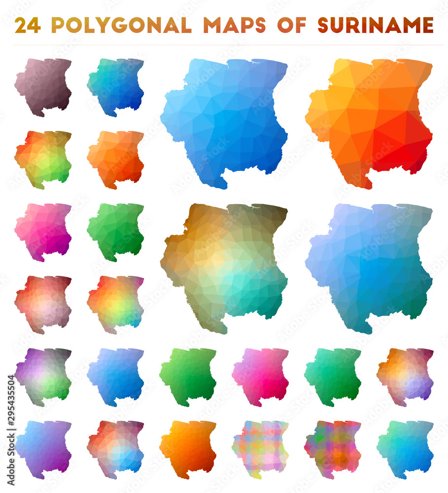 Set of vector polygonal maps of Suriname. Bright gradient map of country in low poly style. Multicolored Suriname map in geometric style for your infographics.