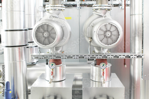 chrome pipes in heating and AC rooms in buildings of factories and hospital