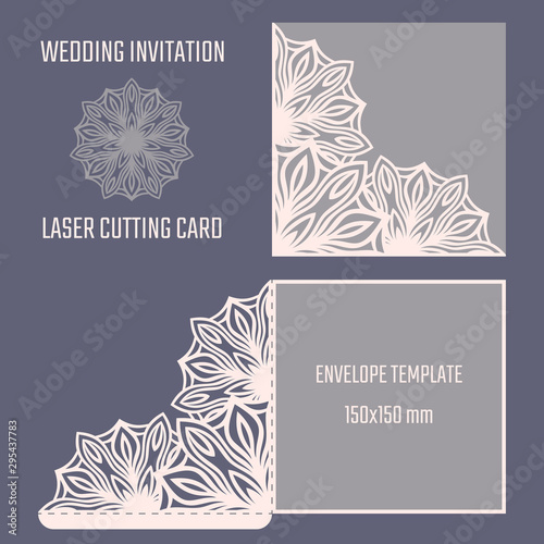 DIY laser cutting vector envelope. Wedding die cut invitation template. Cutout silhouette card. Scrapbook carved paperwork. Floral layout.