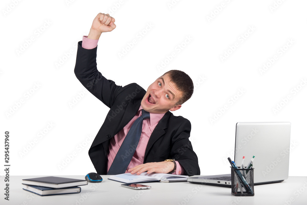 Office, business,happiness, gesture and people concept - Happy laughing man with raised hand Office, business,happiness, gesture and people concept - Happy laughing man with raised hand