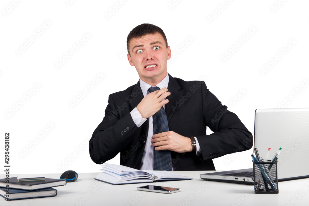 Office, finances, internet, business, success and stress concept-Frustrated businessman screams and pulls at his tie