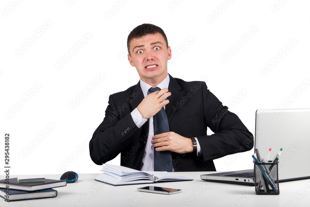Office, finances, internet, business, success and stress concept-Frustrated businessman screams and pulls at his tie Office, finances, internet, business, success and stress concept-Frustrated businessman screams and pulls at his tie