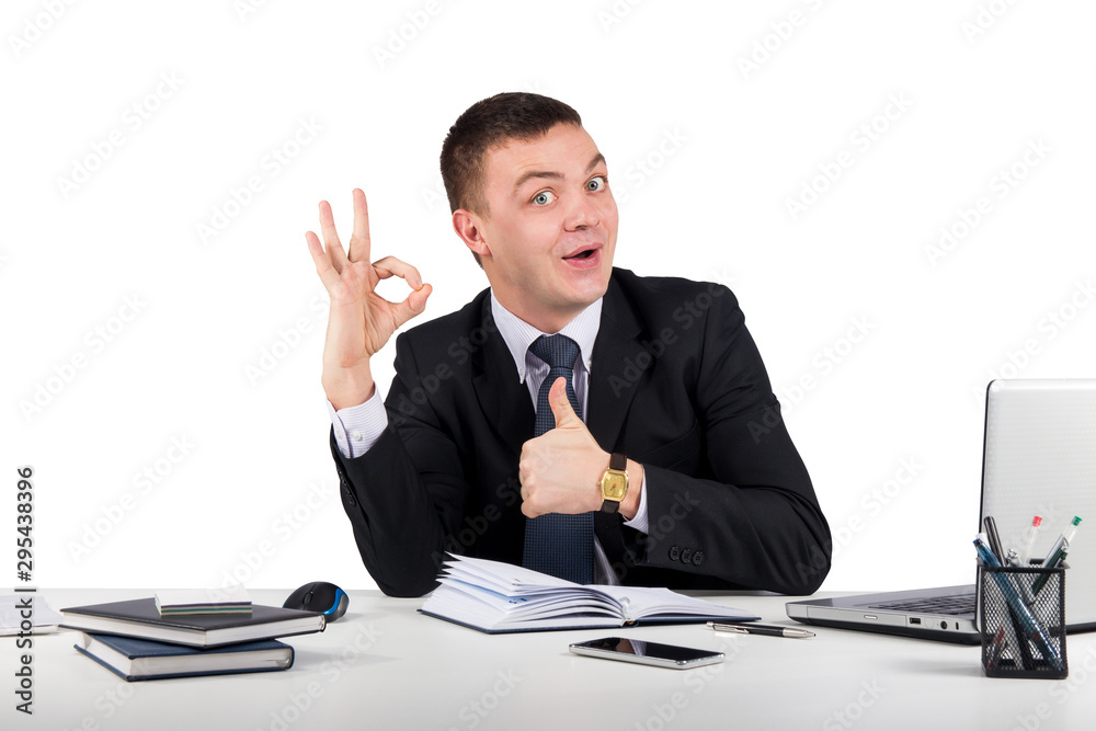 Office, finances, internet, business, success and people concept-smiling businessman showing ok sign Office, finances, internet, business, success and people concept-smiling businessman showing ok sign