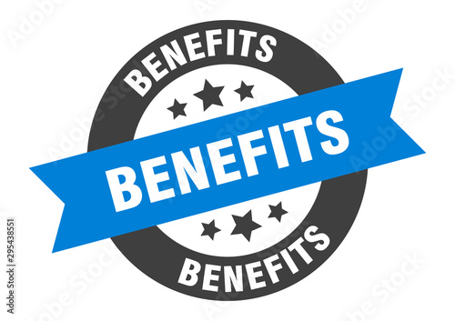 benefits sign. benefits blue-black round ribbon sticker