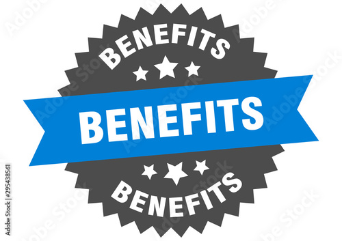 benefits sign. benefits blue-black circular band label