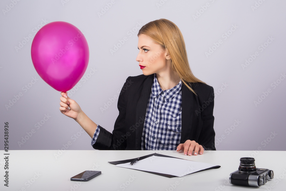 Office, finances, internet, business, success and people concept-Business woman with  balloon