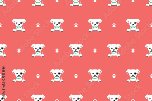 Vector cartoon white dog seamless pattern background for design.