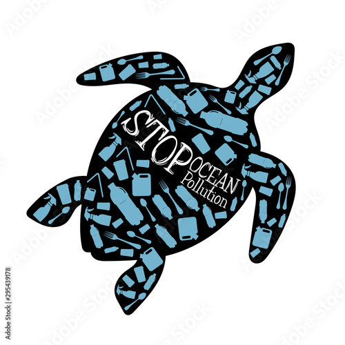 a Turtle fill with plastic waste, Stop Ocean Pollution Message in vector format.