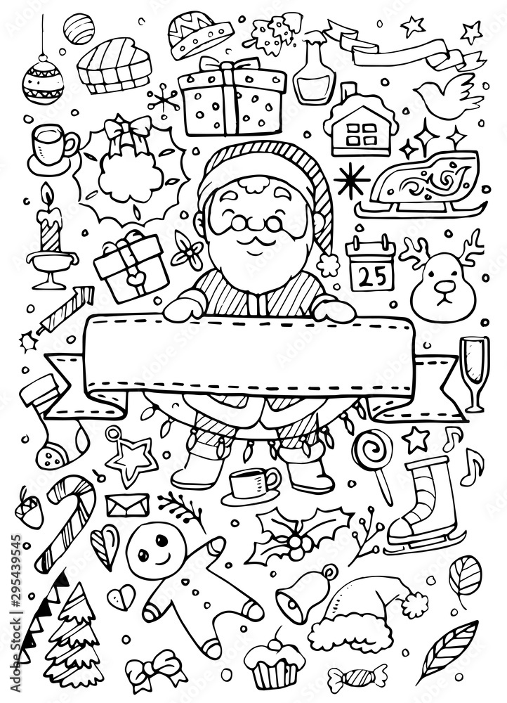 Doodle christmas hand drawn with santa claus . vector illustration