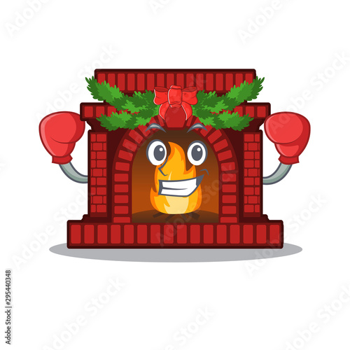 Boxing christmas fireplace isolated with the mascot