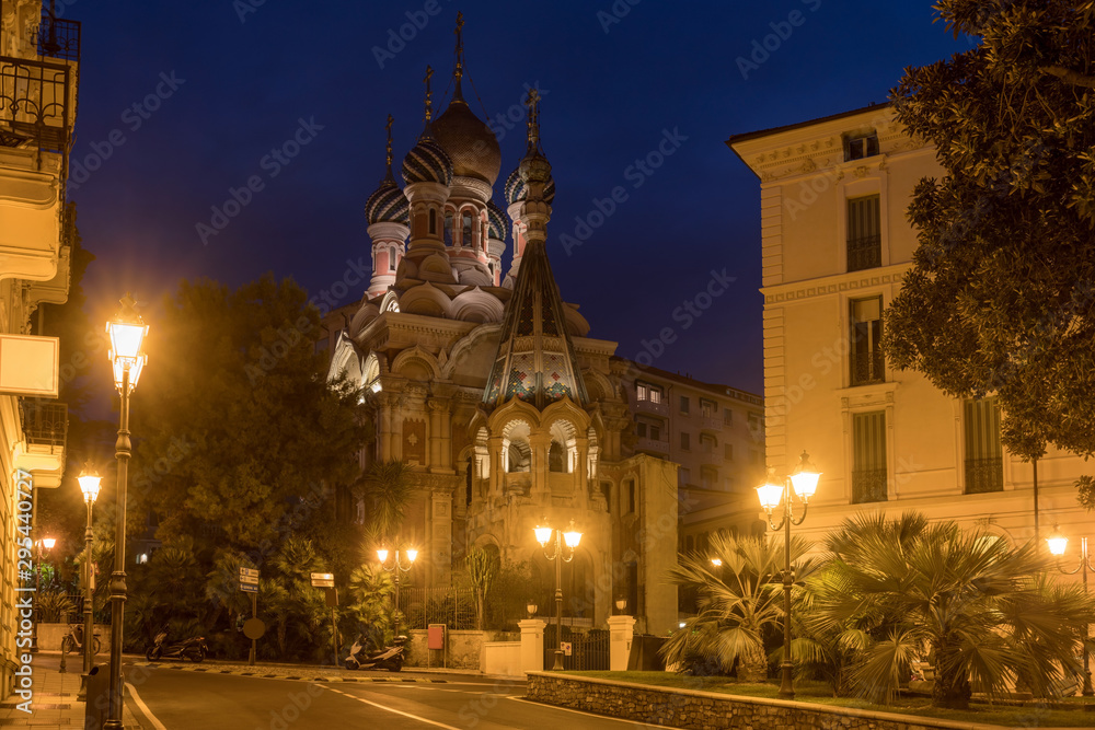 Russian orthodox church by night, San Remo, Italy