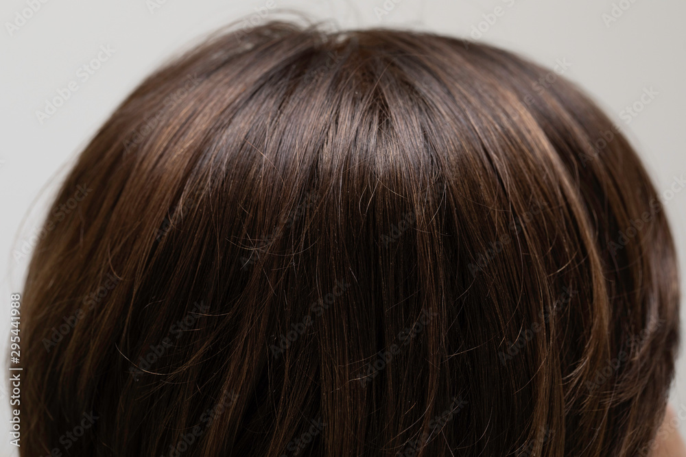 Brunettes head, healthy brown hair close up Brunettes head, healthy brown hair close up