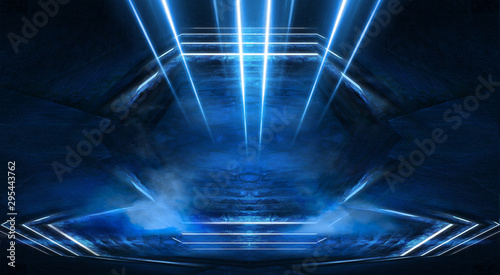 Fototapeta Naklejka Na Ścianę i Meble -  Abstract light tunnel, blue background, stage, portal with rays, neon blue light and spotlights. Dark empty scene with cold neon. Symmetric reflection, perspective. 3D rendering.