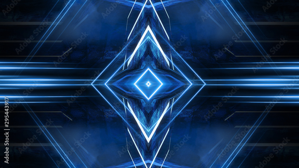 Obraz premium Abstract light tunnel, blue background, stage, portal with rays, neon blue light and spotlights. Dark empty scene with cold neon. Symmetric reflection, perspective. 3D rendering.