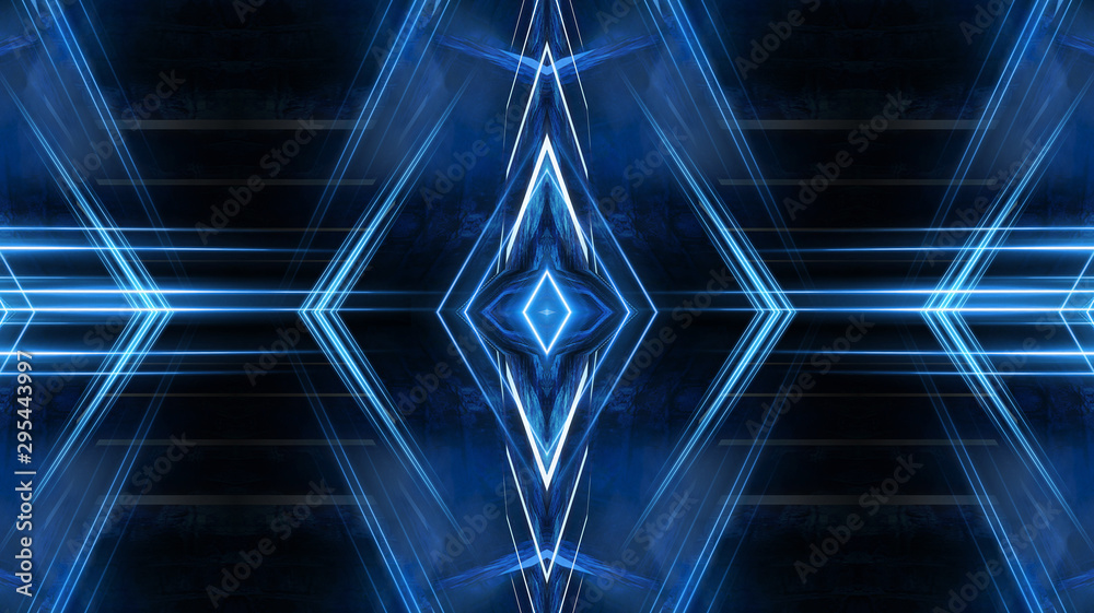 Obraz premium Abstract light tunnel, blue background, stage, portal with rays, neon blue light and spotlights. Dark empty scene with cold neon. Symmetric reflection, perspective. 3D rendering.