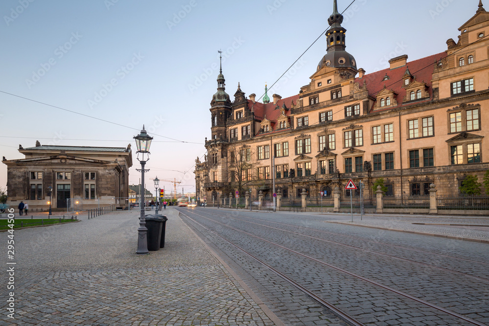 Beautiful architecture of the old town in Dresden at dusk, Saxony. Germany