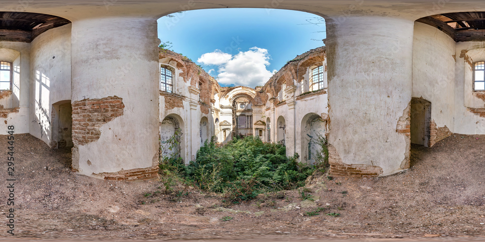 Full spherical seamless hdri panorama 360 degrees angle view inside of concrete structures of abandoned ruined building of church with bushes and trees inside in equirectangular projection, VR content