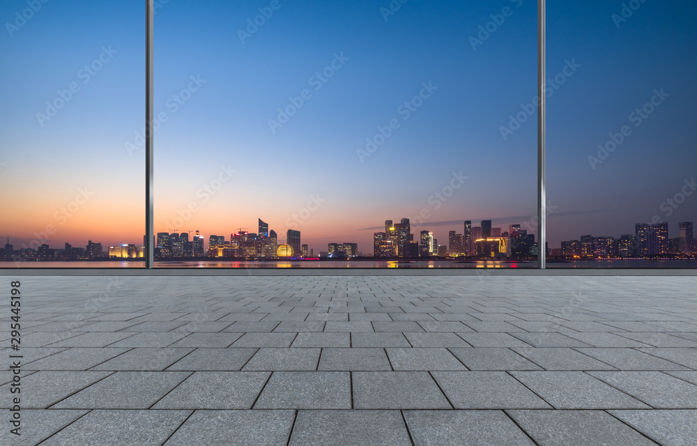 cityscape and skyline of hangzhou from glass window