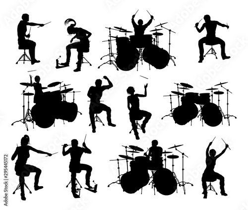 Drummer and drum kit musician high quality detailed silhouettes
