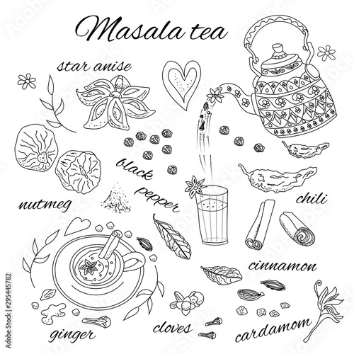 Masala tea set of elements black outline on white background, vector