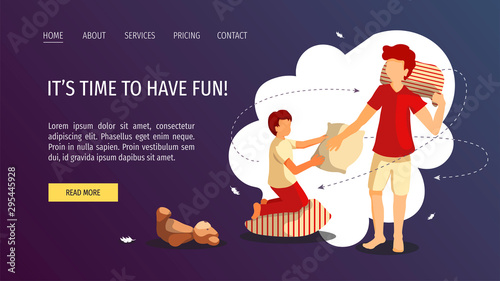 Web page design for Friendship, Fun, Childhood, Pajama party. Children playing a fight with pillows. Vector illustration for poster, banner and website development.