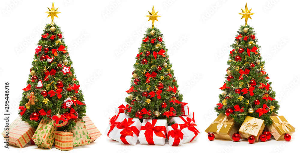 Christmas Tree Isolated over White Background, Set of Decorated Xmas Tree with Present Gift Boxes Christmas Tree Isolated over White Background, Set of Decorated Xmas Tree with Present Gift Boxes