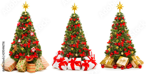 Christmas Tree Isolated over White Background, Set of Decorated Xmas Tree with Present Gift Boxes