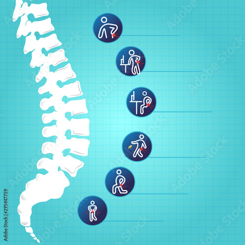 Medical infographic orthopedic. 6 symptom of spine injury. Human spine with pain isolated.Spine pain medical center,clinic,rehabilitation.Green blue background, bones and joints. Vector illustration.