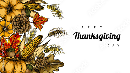 Thanksgiving day backgrounds and greeting card with flower and leaf drawing illustration.